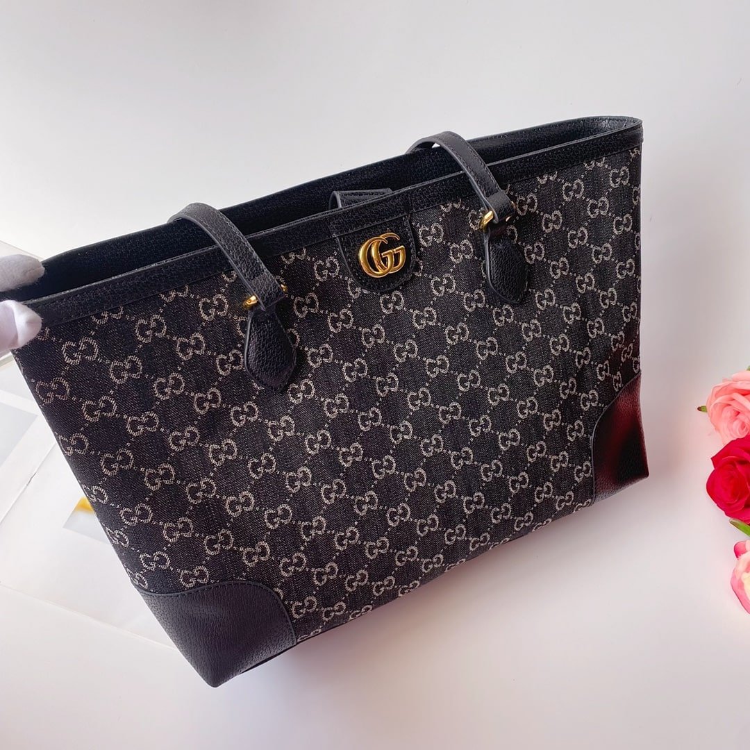 Gvc*1 Ophidia Medium Tote Bag In Gg Denim Black 38Cm 631685 Un3Bg 1274
