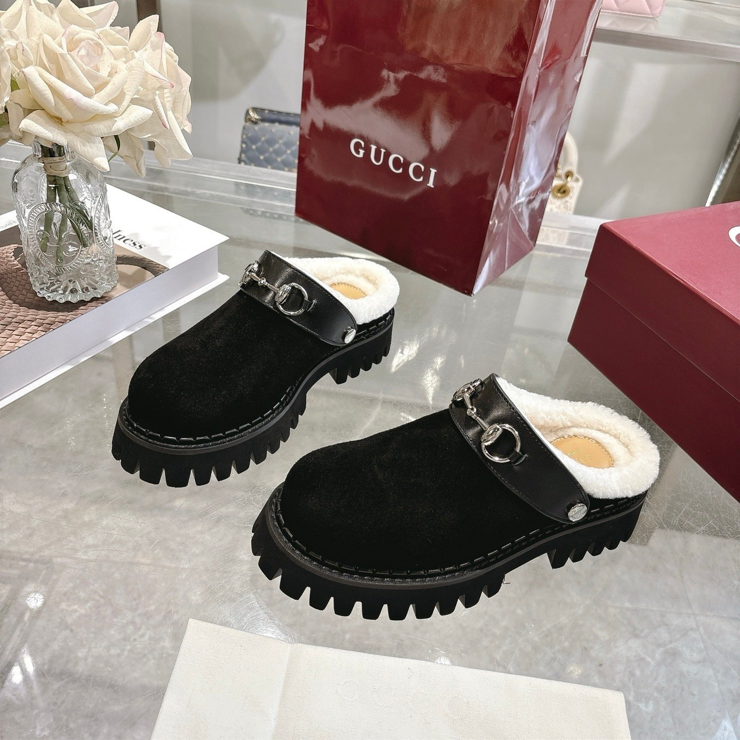 Gvc*1 Horsebit Shearling Mules In Black Suede