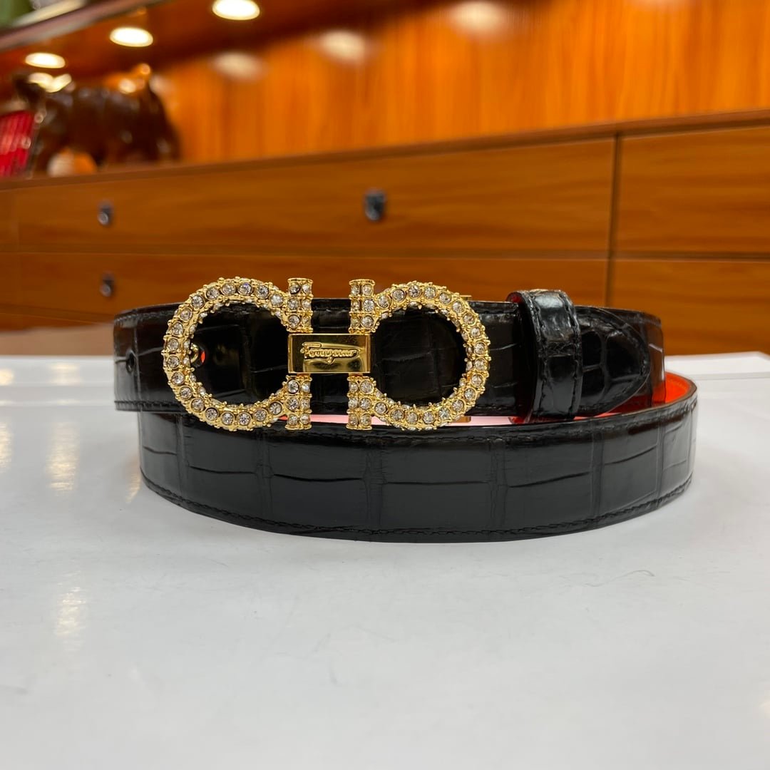 Salvatore Ferragamo Gancini Leather Belt With Gold Metal Pearls Buckle 2.5Cm