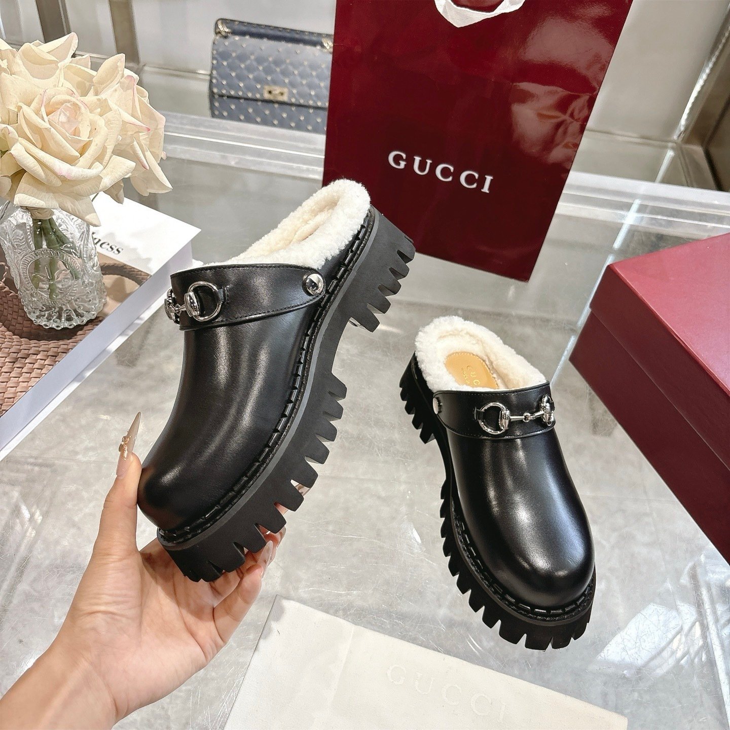 Gvc*1 Horsebit Shearling Mules In Black Leather