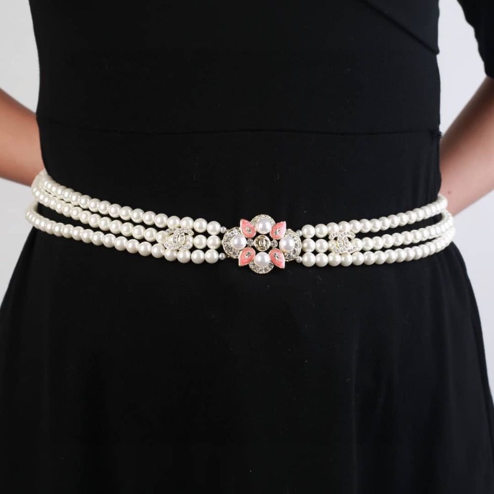 Ch**el Double Strand Pearl Belt with Coral Floral Charm