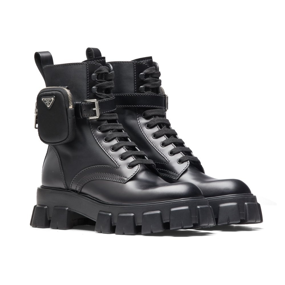 Pra*a Monolith Brushed Leather And Re Nylon With Pouch Boots Black 2Ue007 3Lfr F0002 F D002