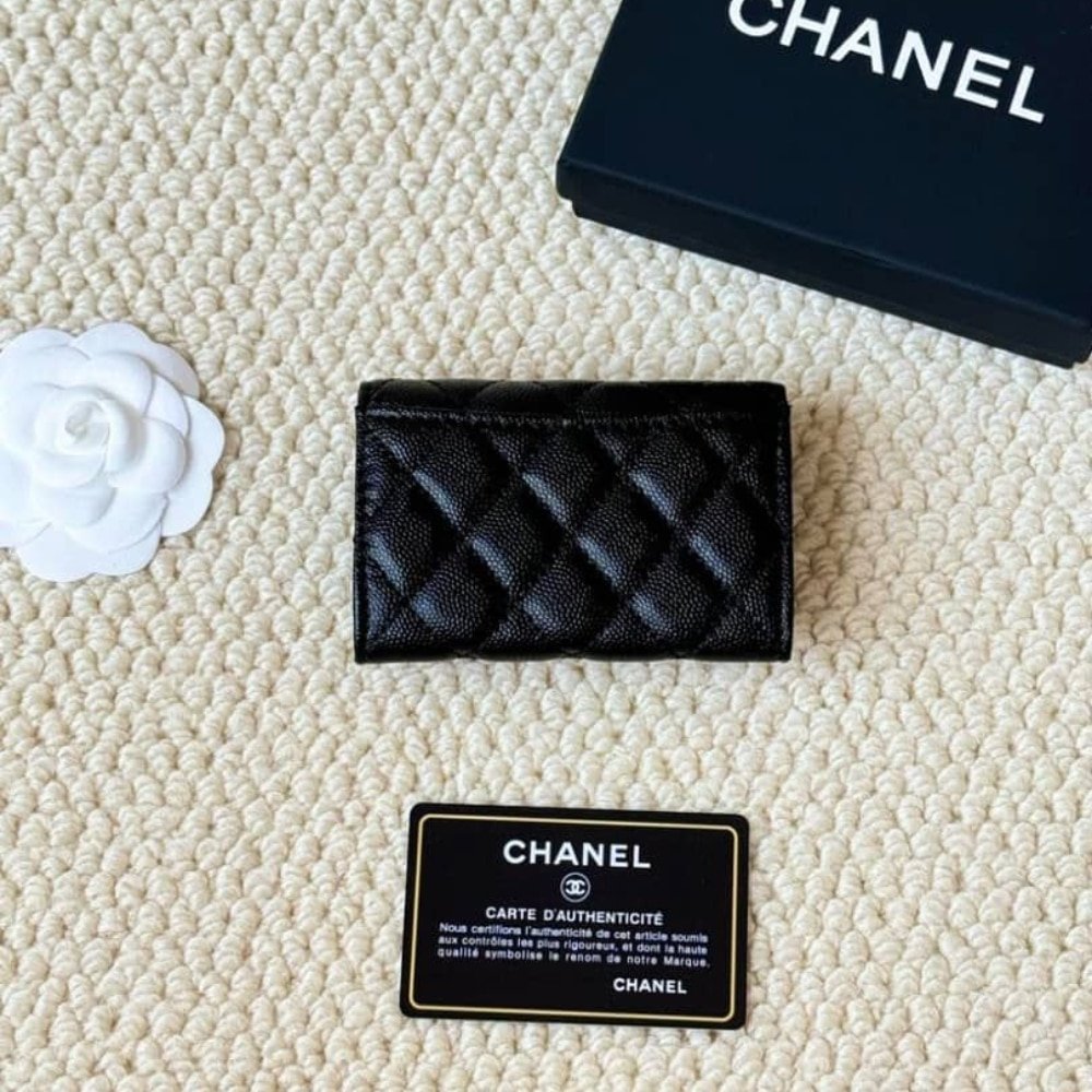 Ch**el Classic Card Holder Grain Leather Black With Silver Hardware 11Cm Ap0214 Y01588 C3906