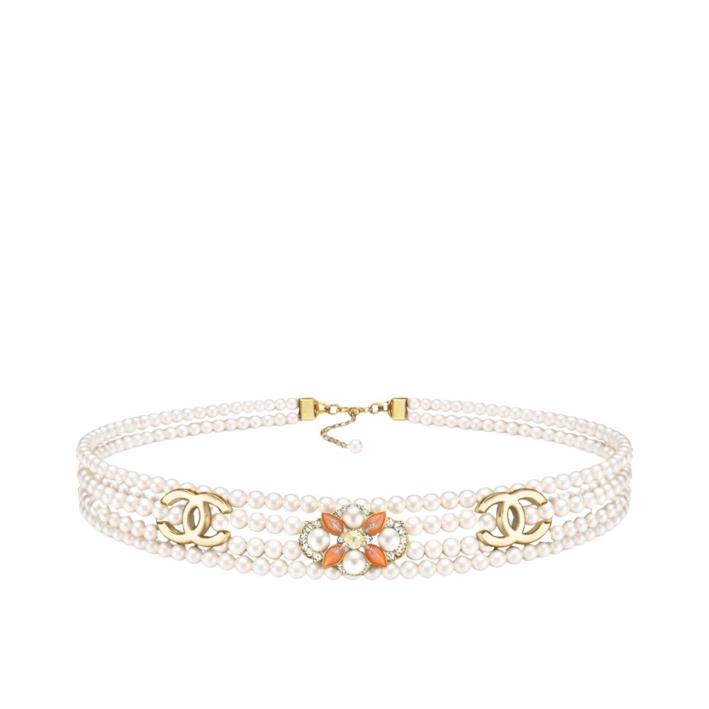 Ch**el Double Strand Pearl Belt with Coral Floral Charm