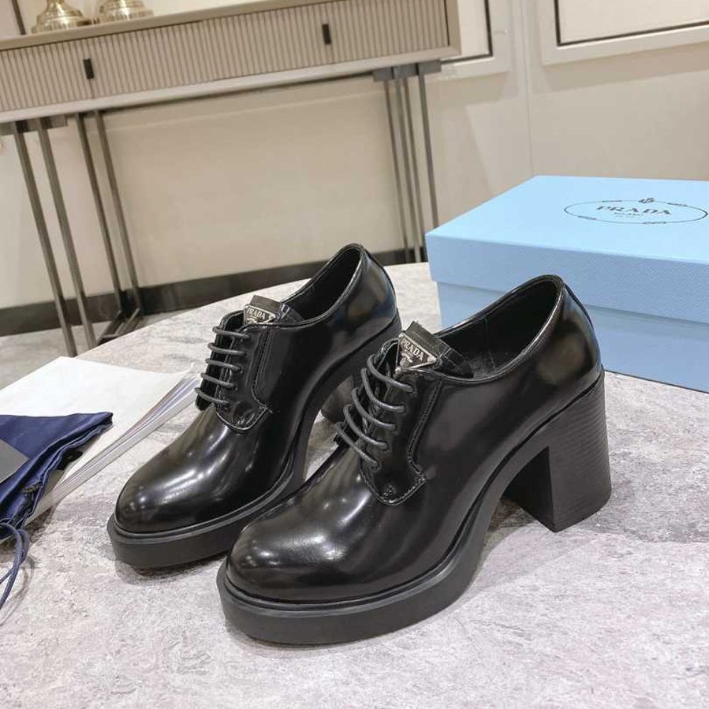 Pra*a Heeled Brushed Leather Lace Ups Black 1E976M 055 F0002 F 085
