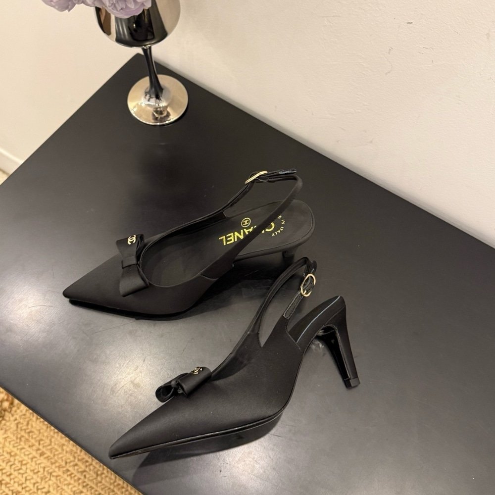Ch**el Slingback Satin Fabric Black G46547 B20974 94305
