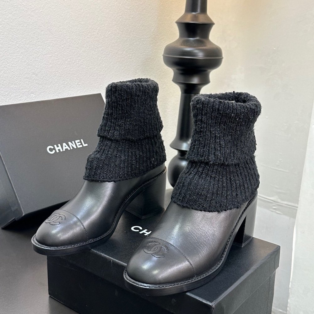 Ch**el Knit Boots Leather Black