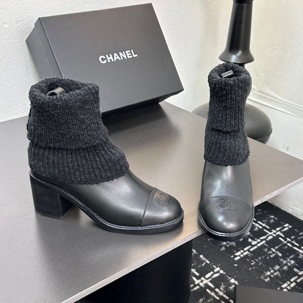 Ch**el Knit Boots Leather Black