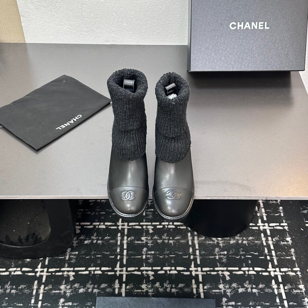 Ch**el Knit Boots Leather Black