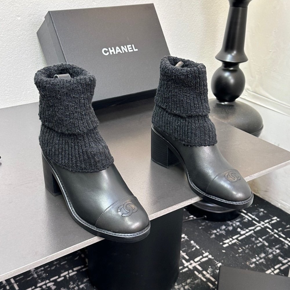 Ch**el Knit Boots Leather Black