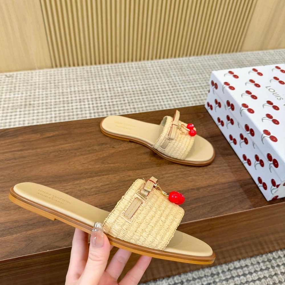 L0vis Vvtt0n X Takashi Murakami Lily Flat Mule Raffia Beige 1Ahlrn