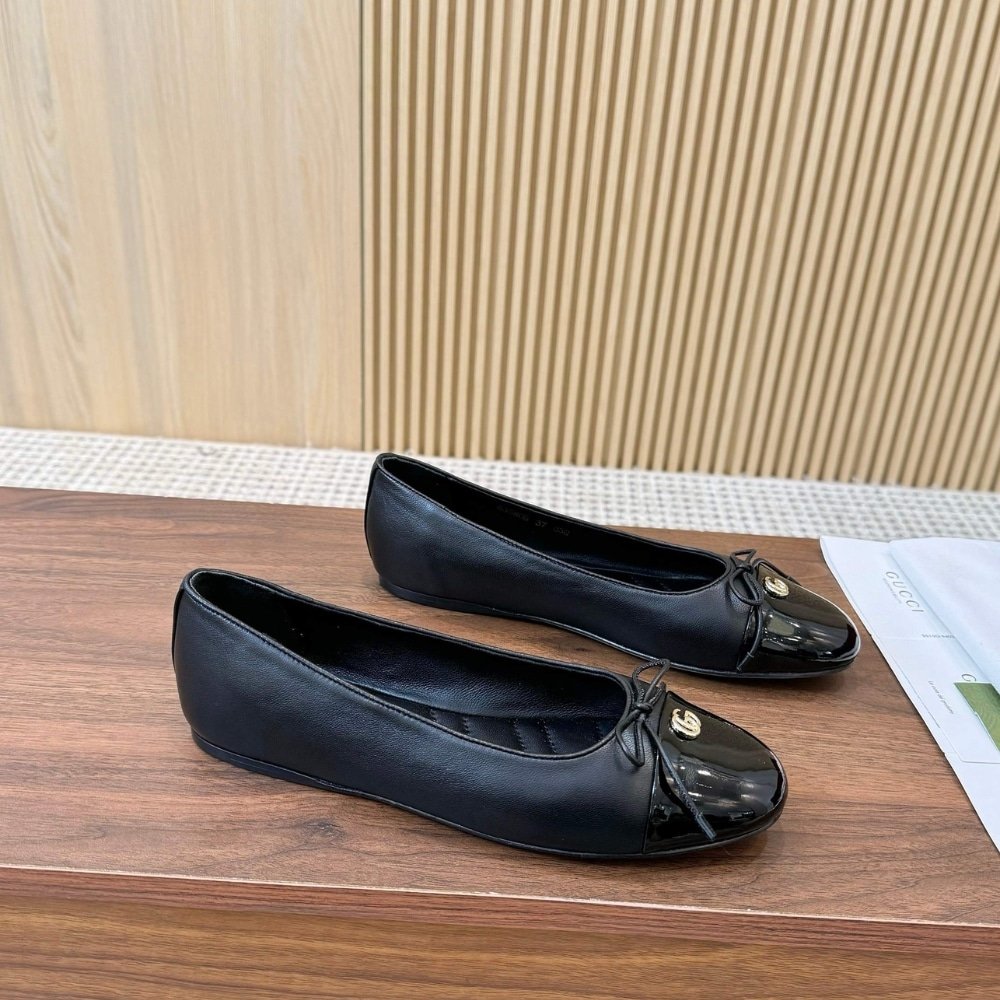 Gvc*1 Women Ballet Flat With Double G Black Leather ‎835805 Bnc80 1000