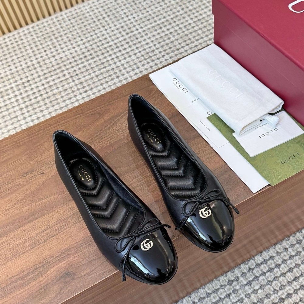 Gvc*1 Women Ballet Flat With Double G Black Leather ‎835805 Bnc80 1000