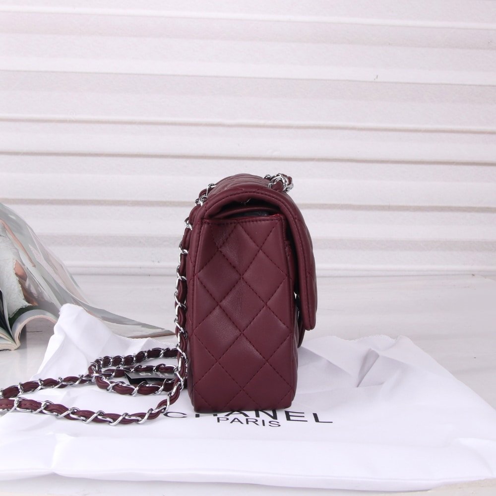 Ch**el Medium Classic Double Flap Burgundy Silver Hardware 27Cm