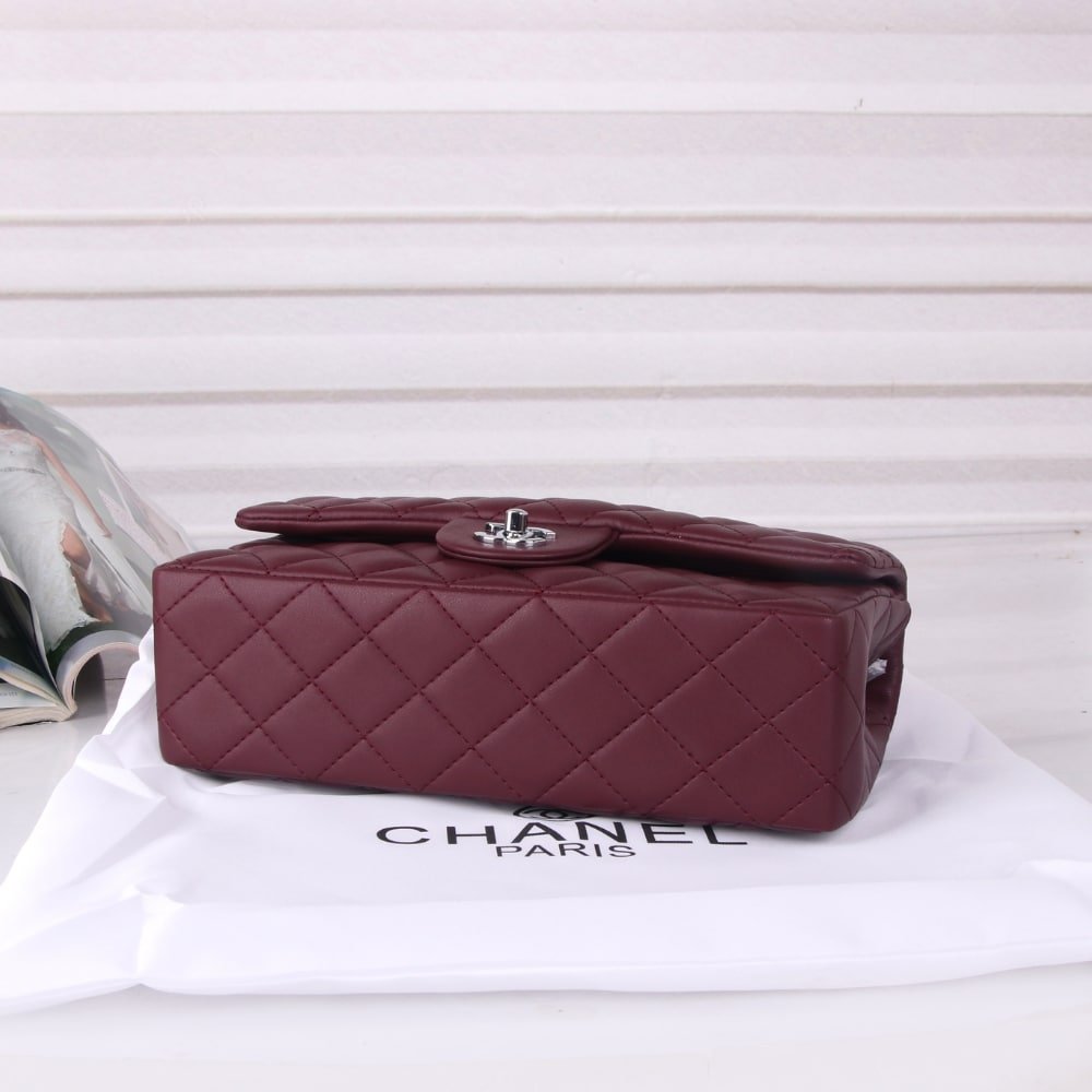 Ch**el Medium Classic Double Flap Burgundy Silver Hardware 27Cm