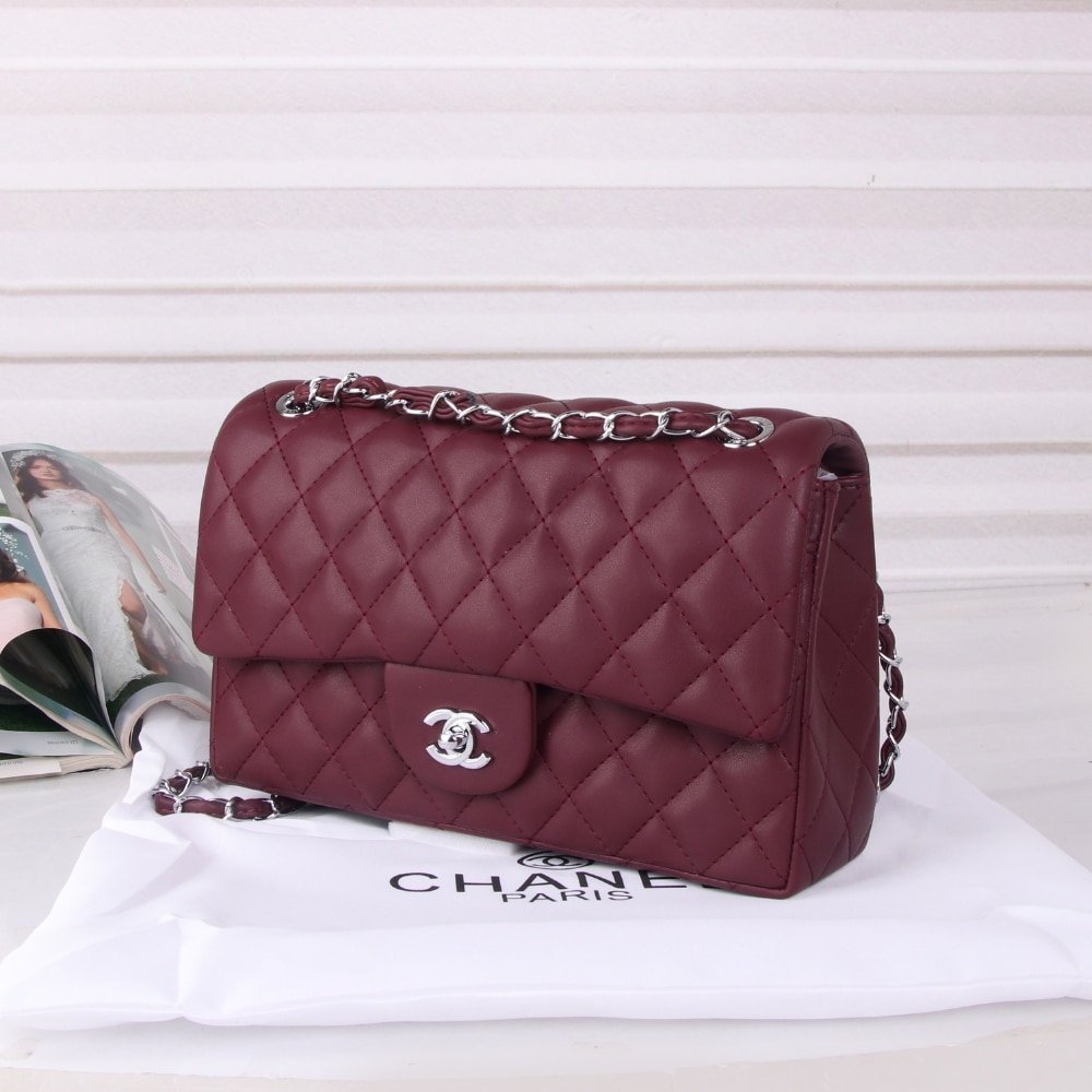 Ch**el Medium Classic Double Flap Burgundy Silver Hardware 27Cm
