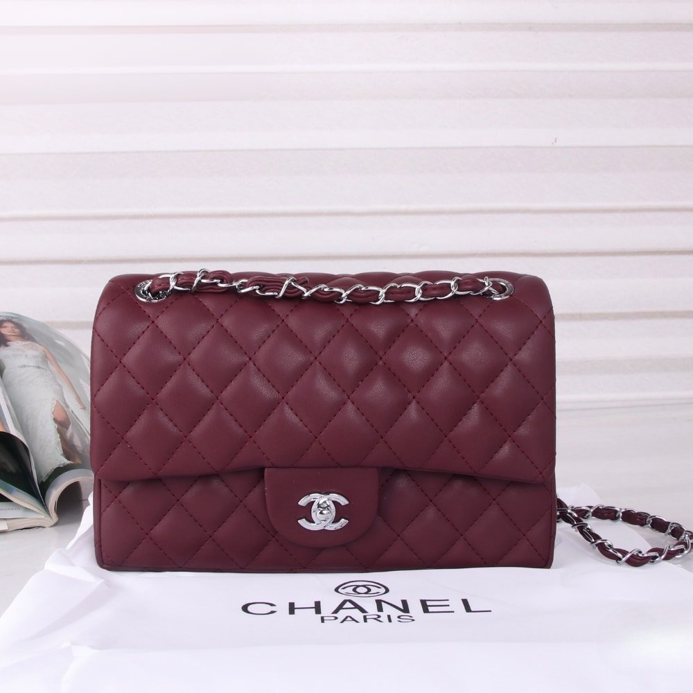 Ch**el Medium Classic Double Flap Burgundy Silver Hardware 27Cm