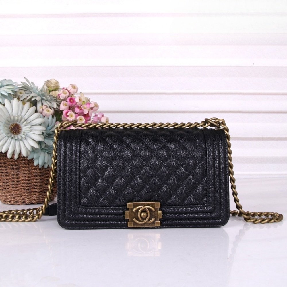 Ch**el Medium Boy Bag Black Gold Hardware 25Cm