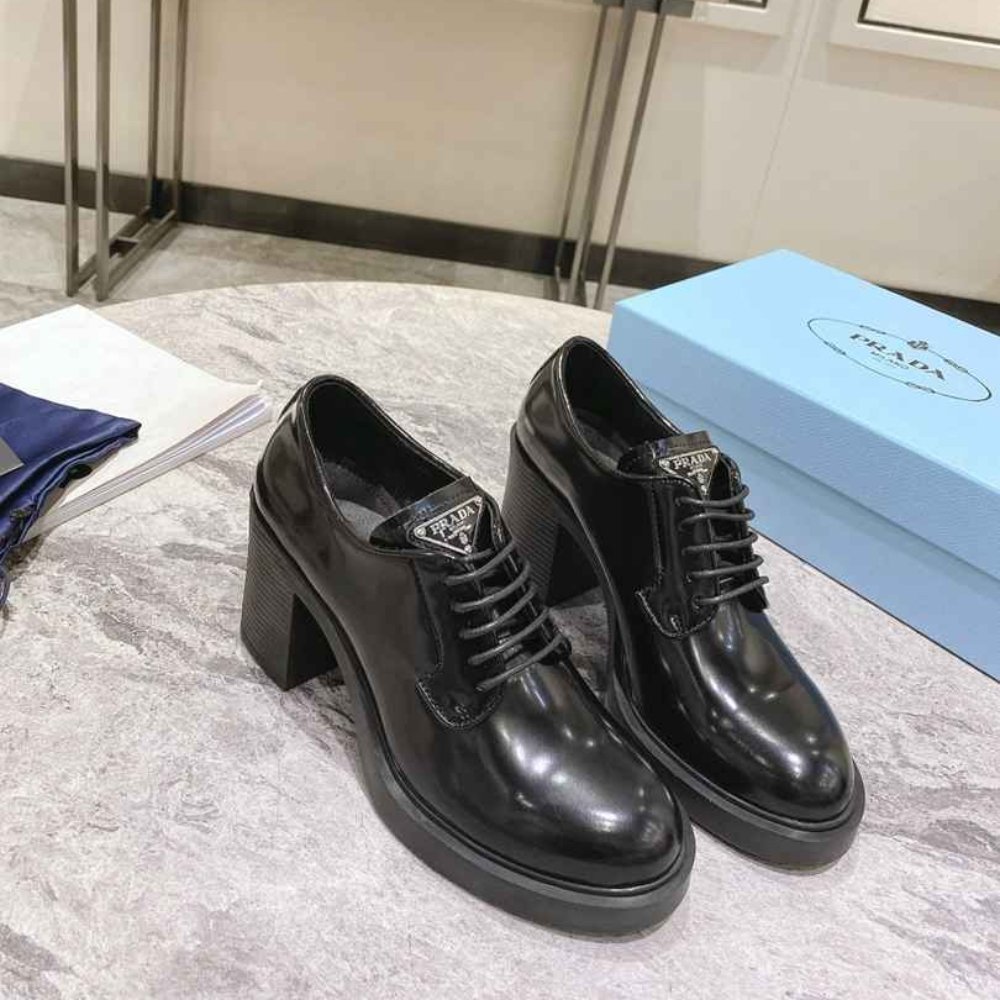 Pra*a Heeled Brushed Leather Lace Ups Black 1E976M 055 F0002 F 085