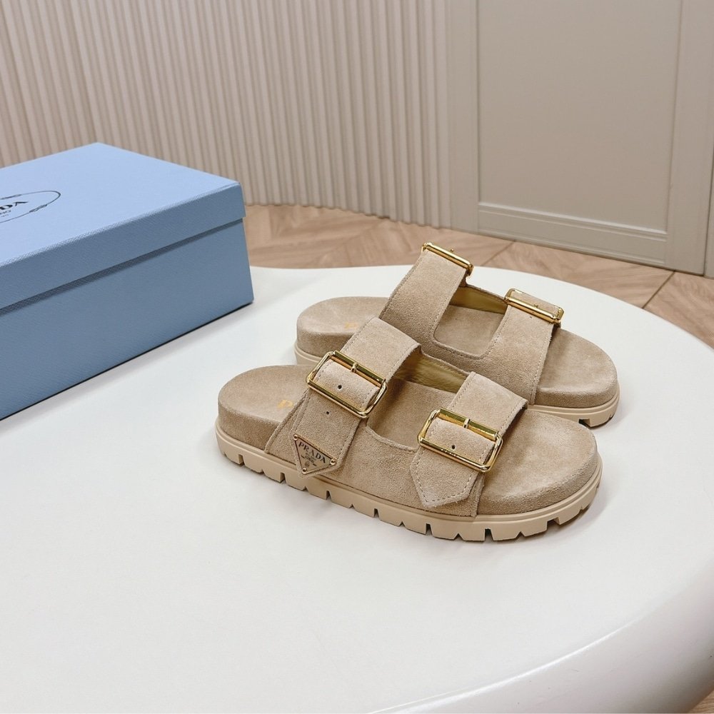 Pra*a Suede Strap Slides Ecru 1Xx692 054 F0379 F 020