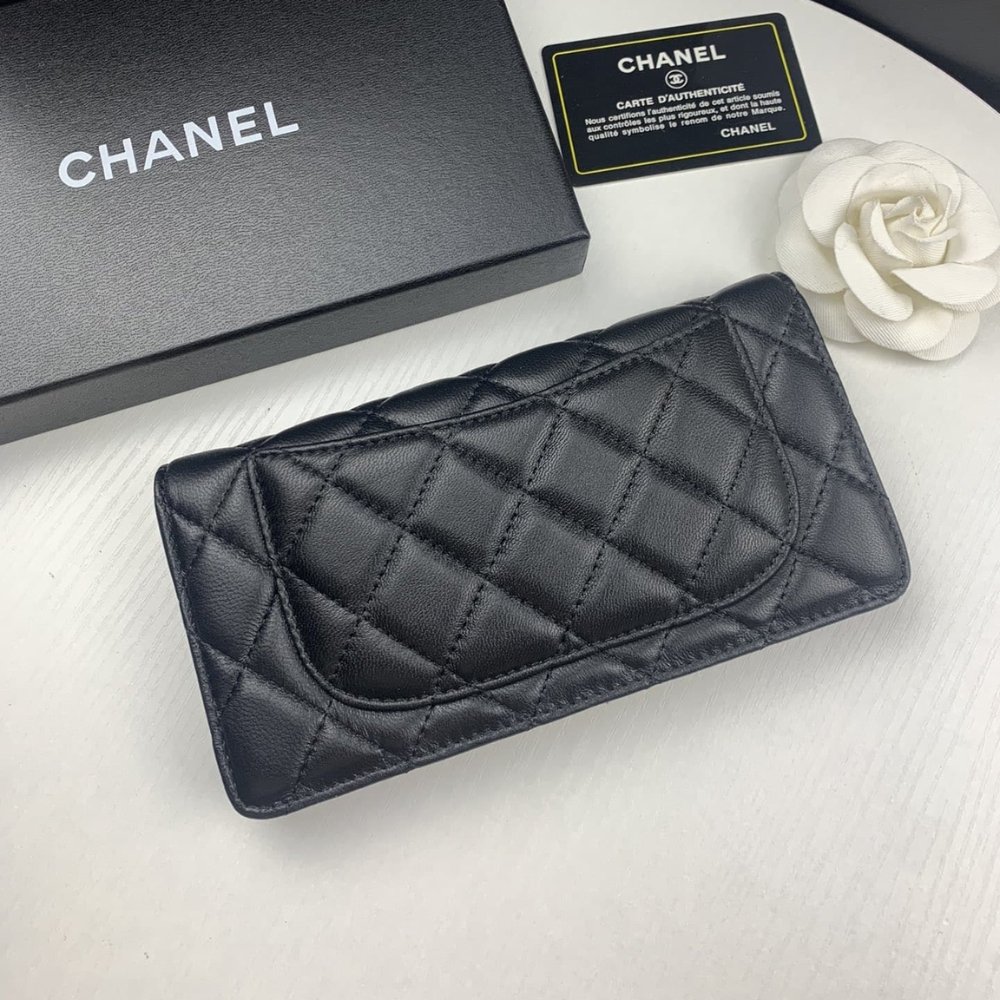 Ch**el Quilted Classic Long Flap Wallet Black 19Cm