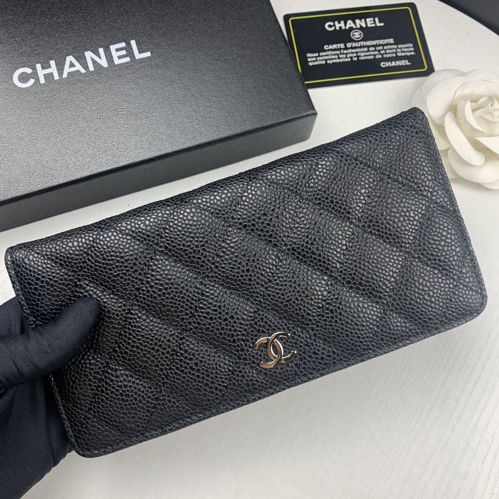 Ch**el Black Caviar Leather Classic Long Flap Wallet 19.5Cm