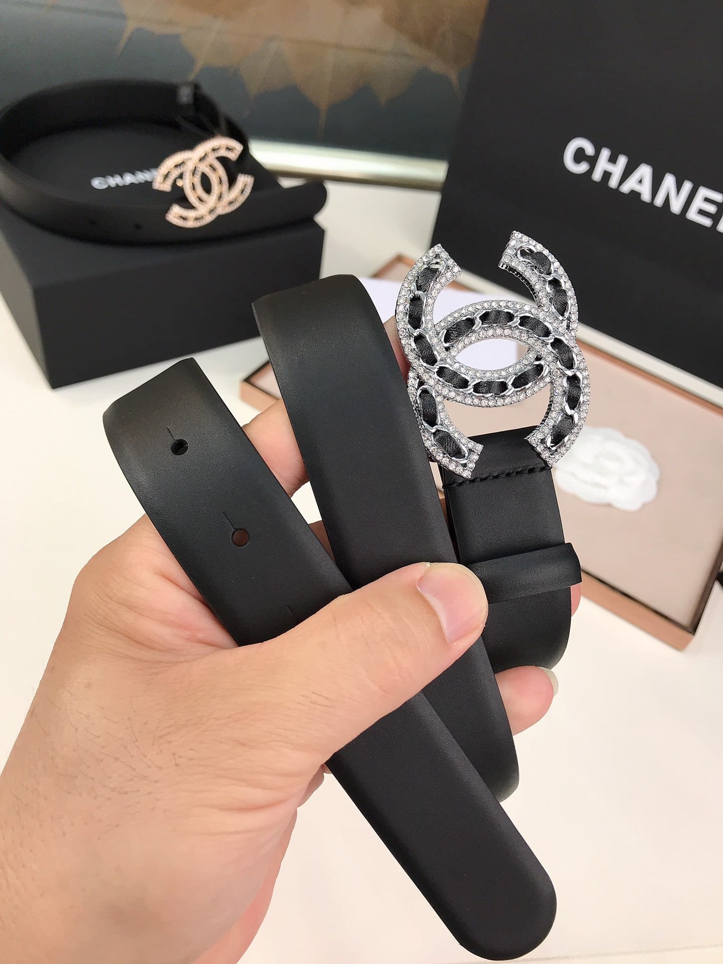 Ch**el Glass Pearls Crystal Silver Black Belt 28Mm