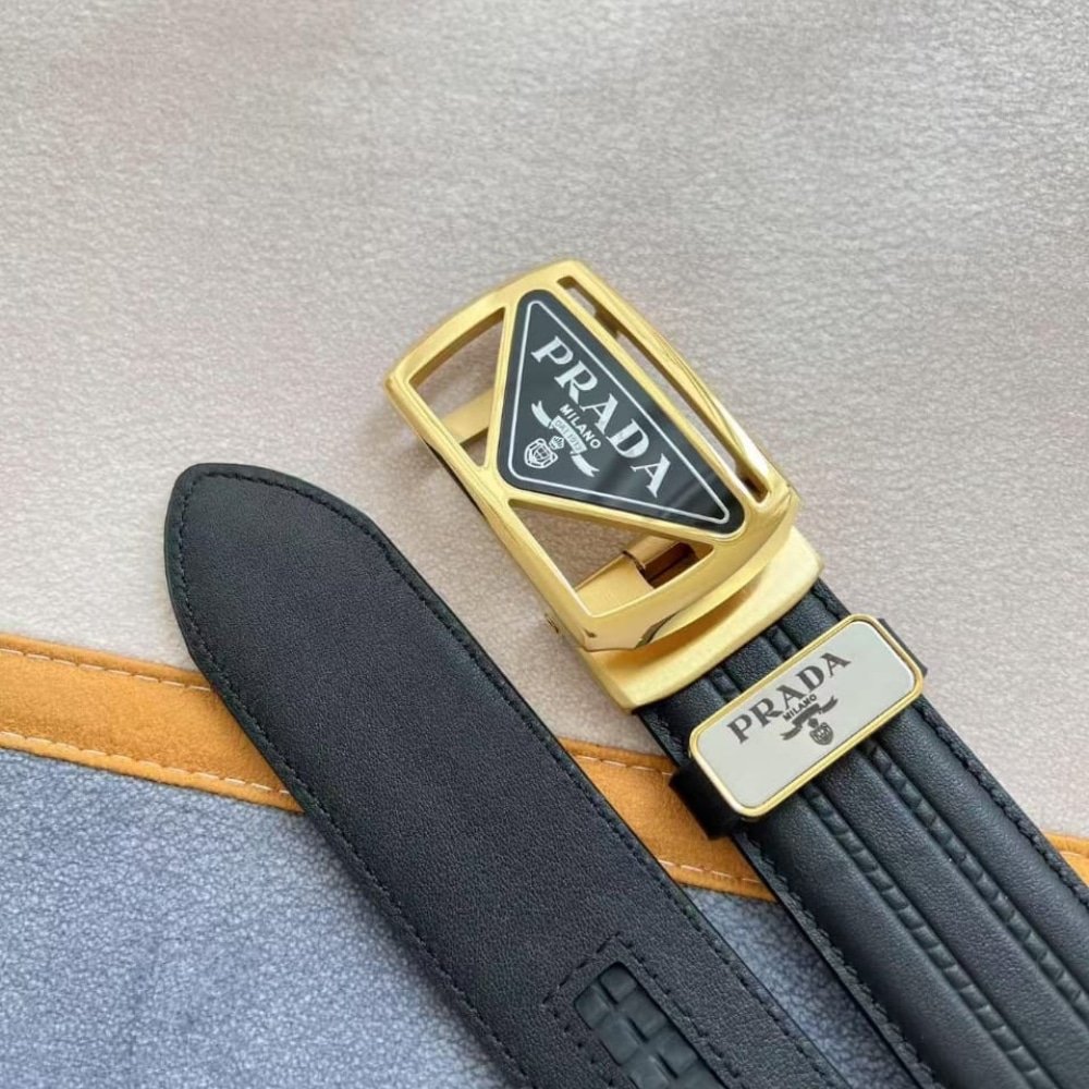 Pra*a Saffiano Leather Belt Gold Hardware In Black