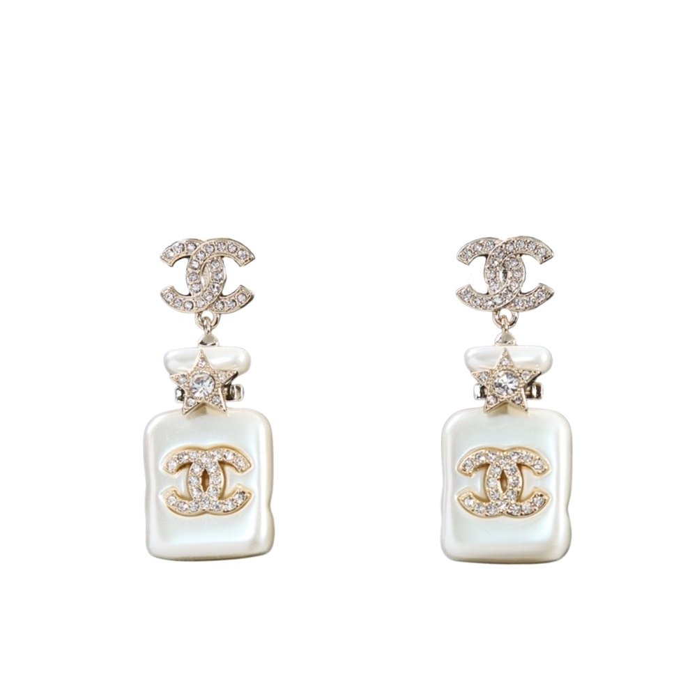 Ch**el Pearl Resin Crystal Cc Perfume Bottle Drop Earrings