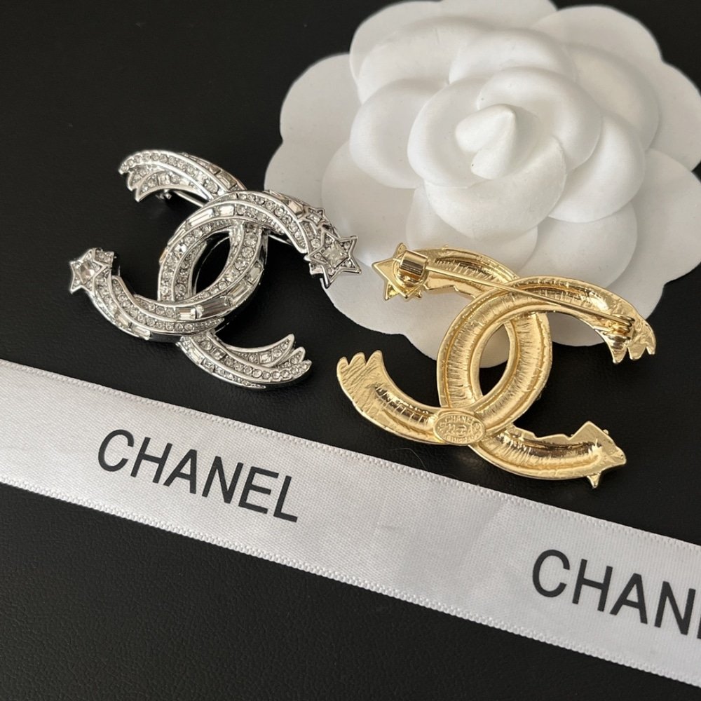 Ch**el Cc Brooch Silver With Stones Attached And Two Stars