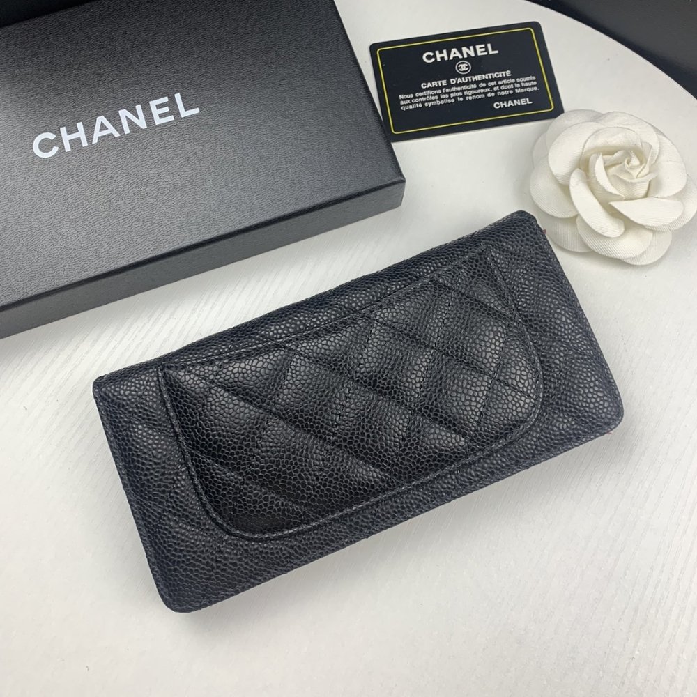 Ch**el Black Caviar Leather Classic Long Flap Wallet 19.5Cm