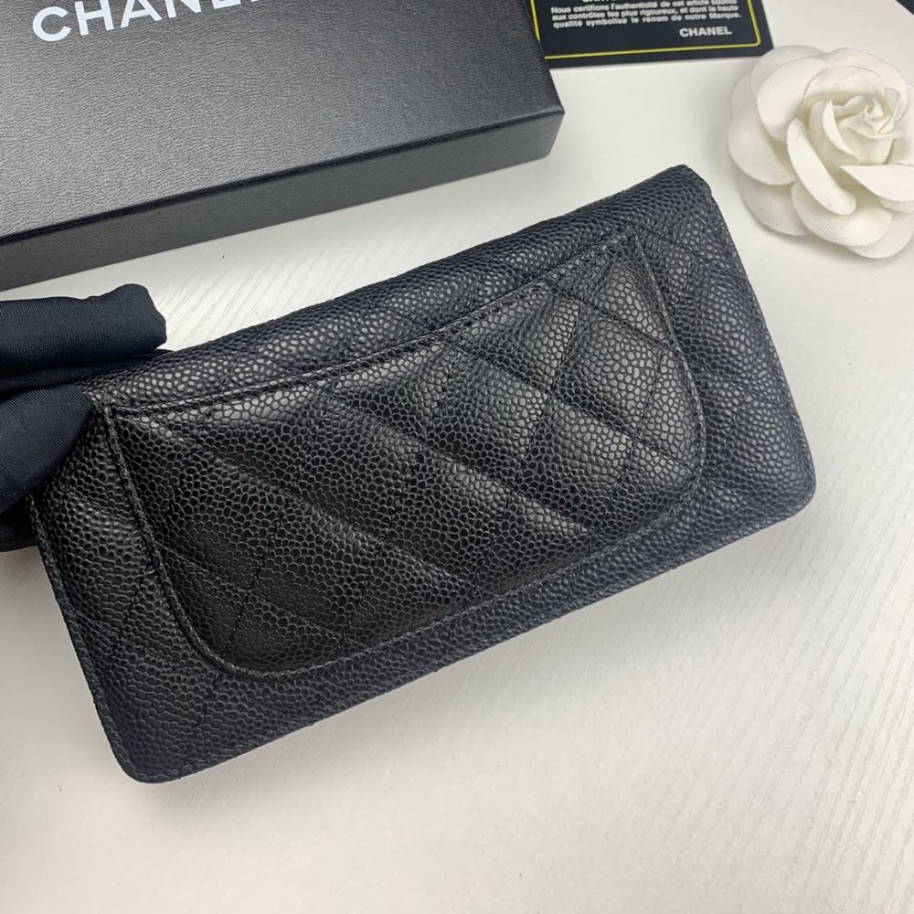 Ch**el Black Caviar Leather Classic Long Flap Wallet 19.5Cm