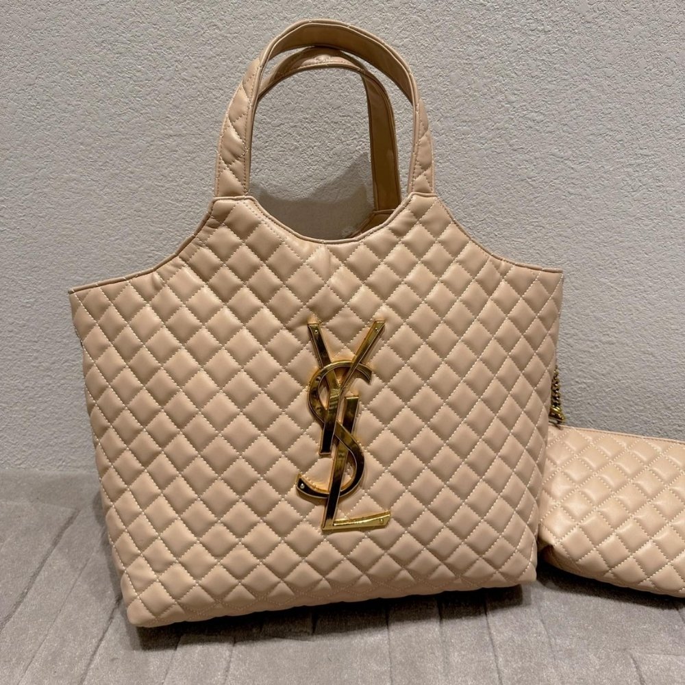 Sa1nt Lau*nt Icare Shopping Bag In Quilted Gold Hardware Beige 40Cm