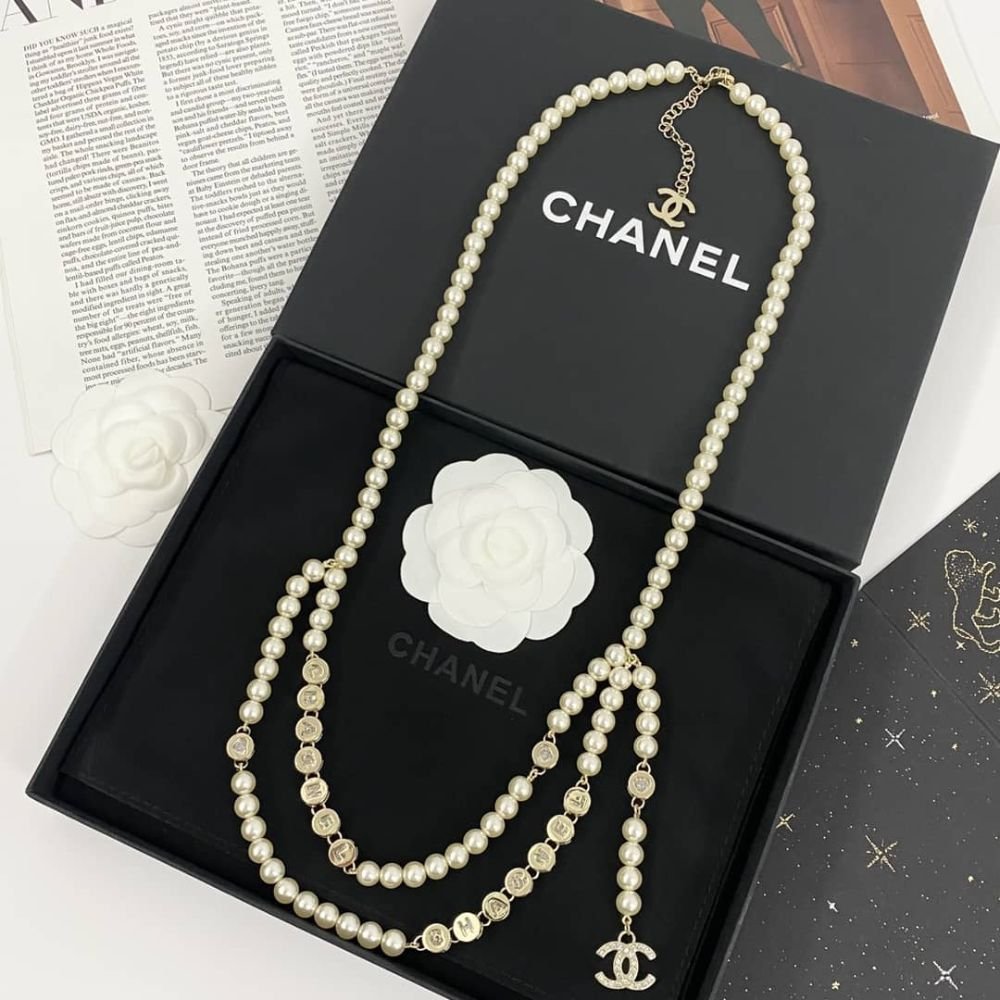 Ch**el Pearl Necklace with Gold Medalion Charms