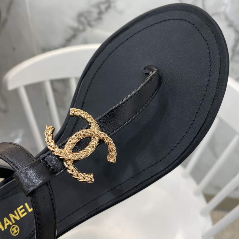 Ch**el Gold Cc Logo Thong Sandals Black