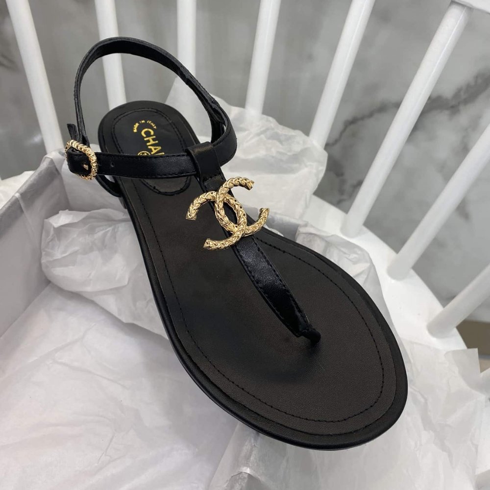 Ch**el Gold Cc Logo Thong Sandals Black