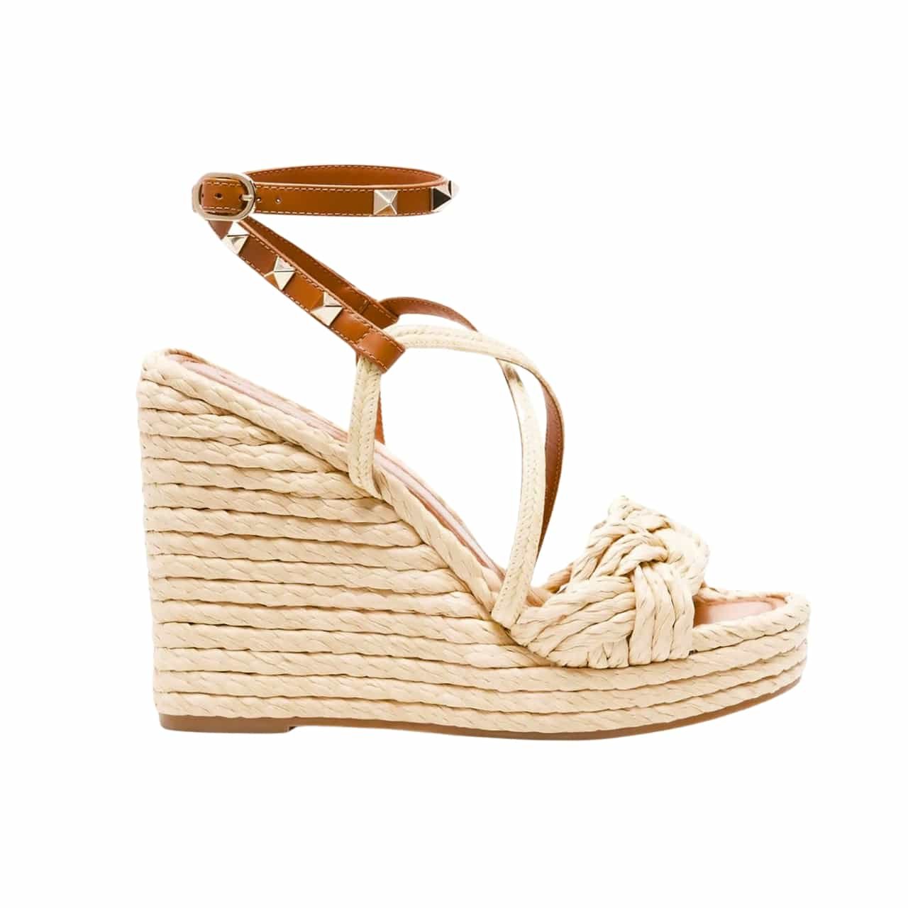 Va1e*ntin0 Garavani Woven Raffia Wedge Espadrilles Beige