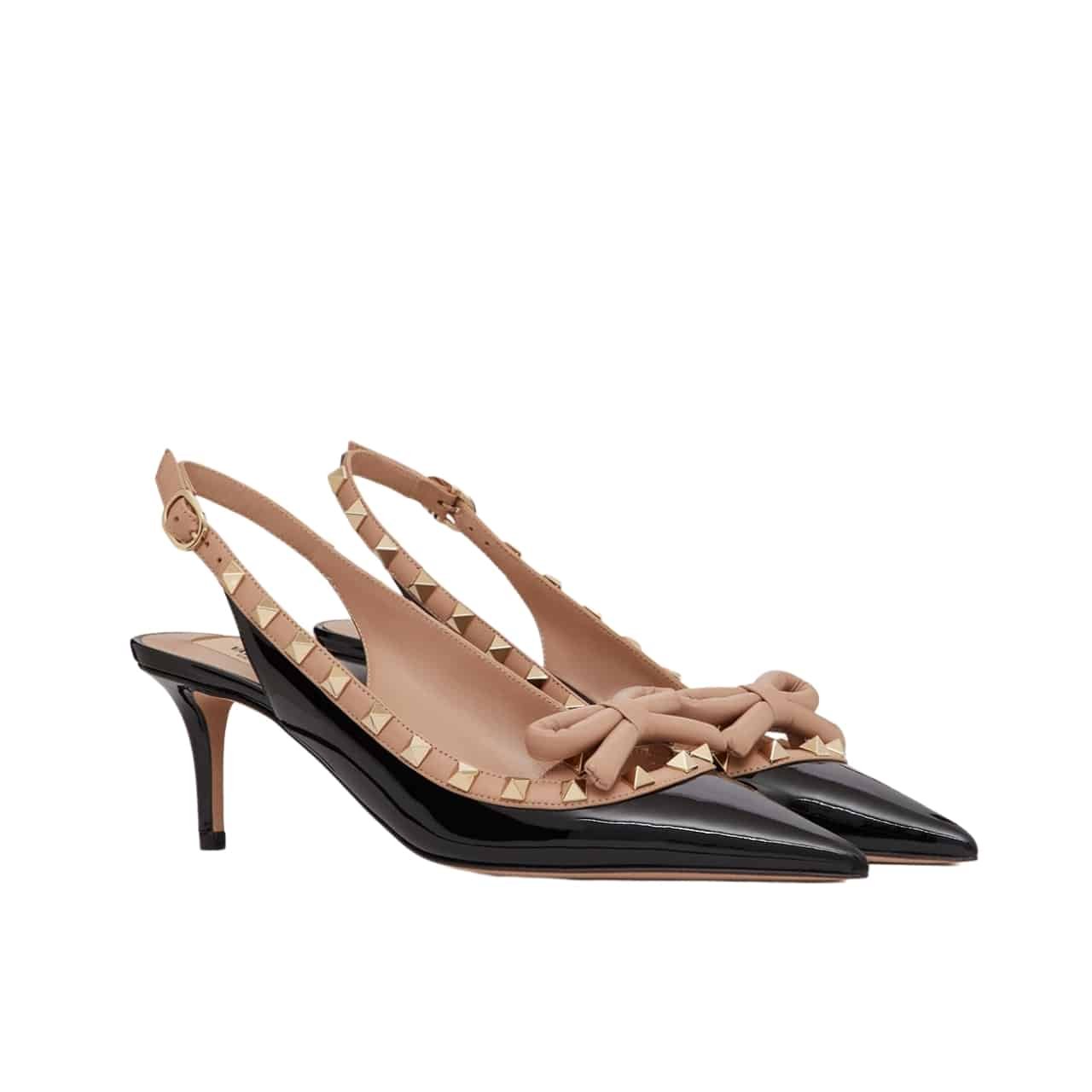 Va1e*ntin0 Rockstud Bow 100 Patent Slingback Pump Black Pink Ws0Ib8Tzen71