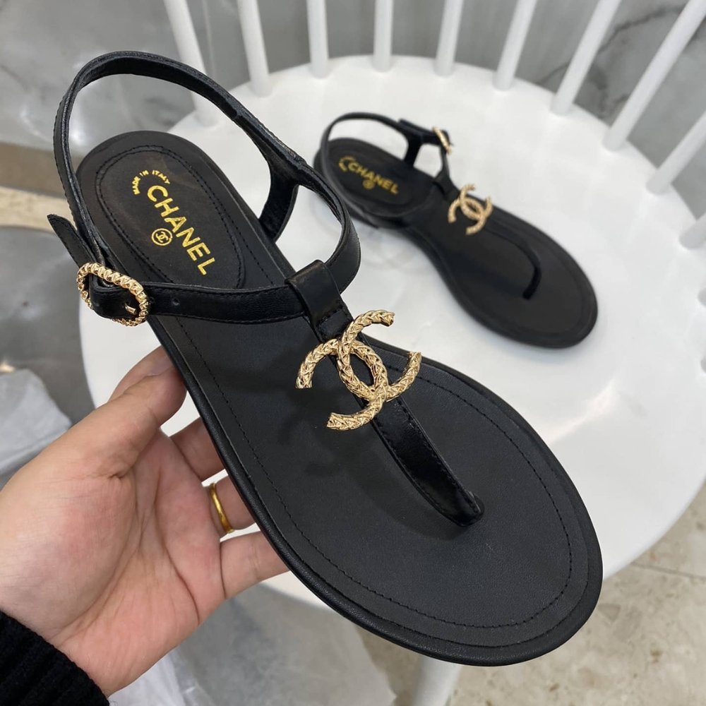Ch**el Gold Cc Logo Thong Sandals Black