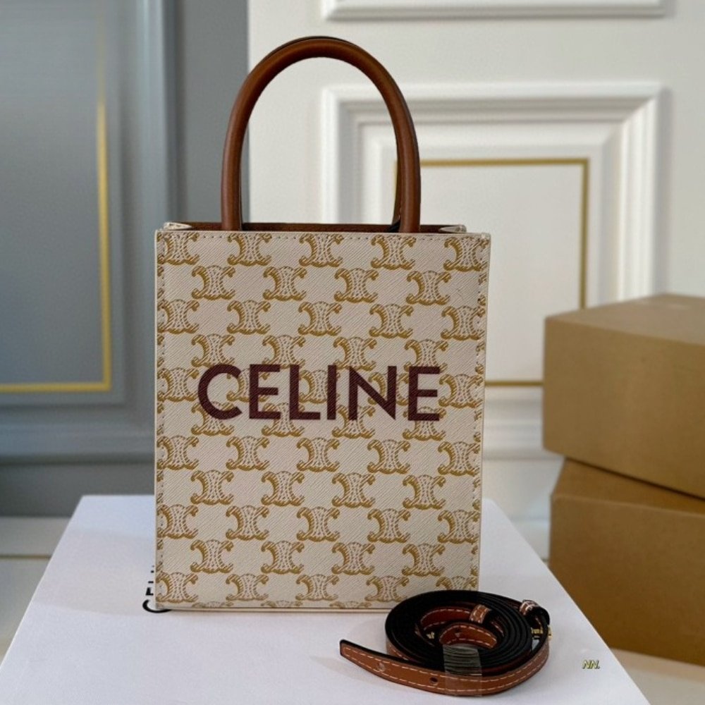Ce1i*e Mini Vertical Cabas In Triomphe Canvas And Beige 17Cm