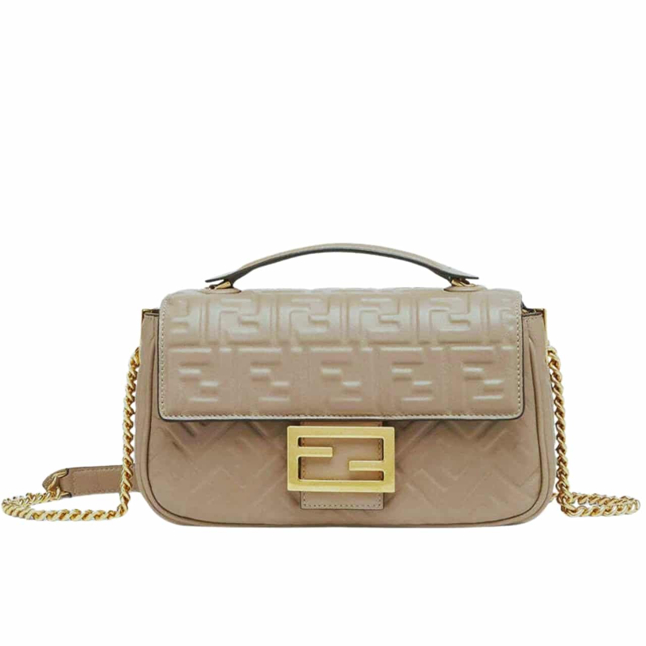 F**di Baguette Chain Midi Leather Bag Beige With Ff Motif 24Cm