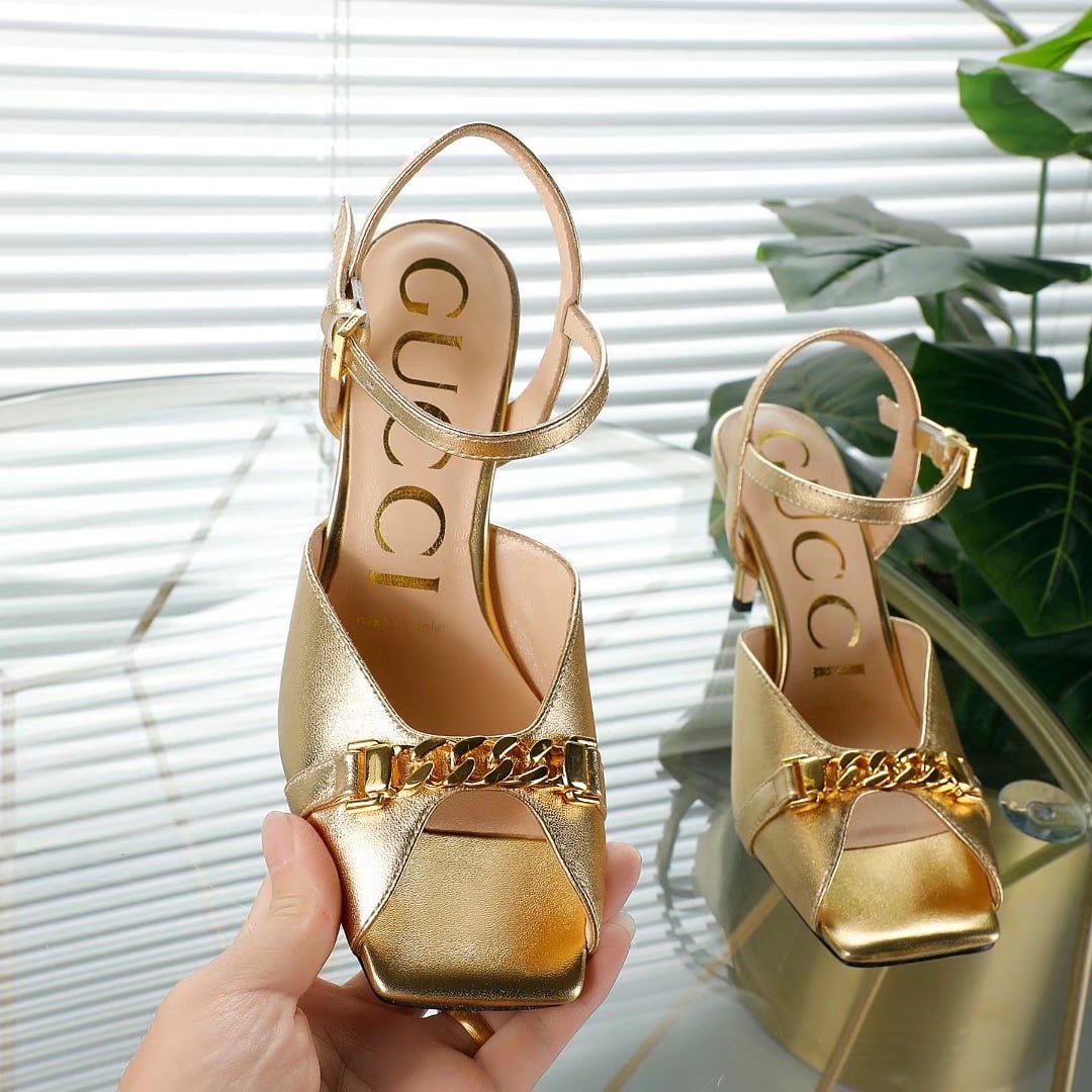 Gvc*1 Metal Chain Stiletto Heels Flip Flop Fish Mouth Sandals Gold