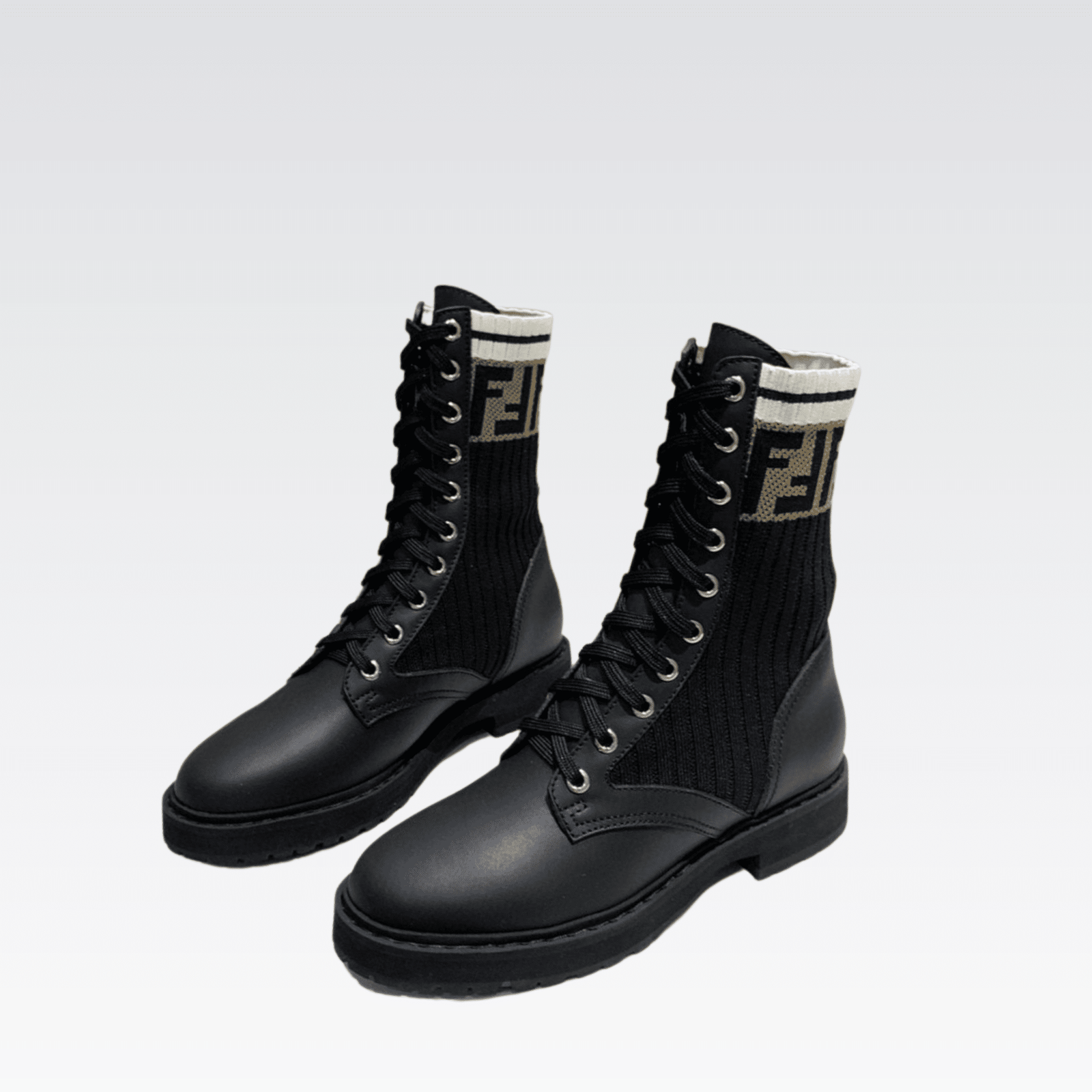 F**di Leather Biker Boots With Beige Ff Cuff Black
