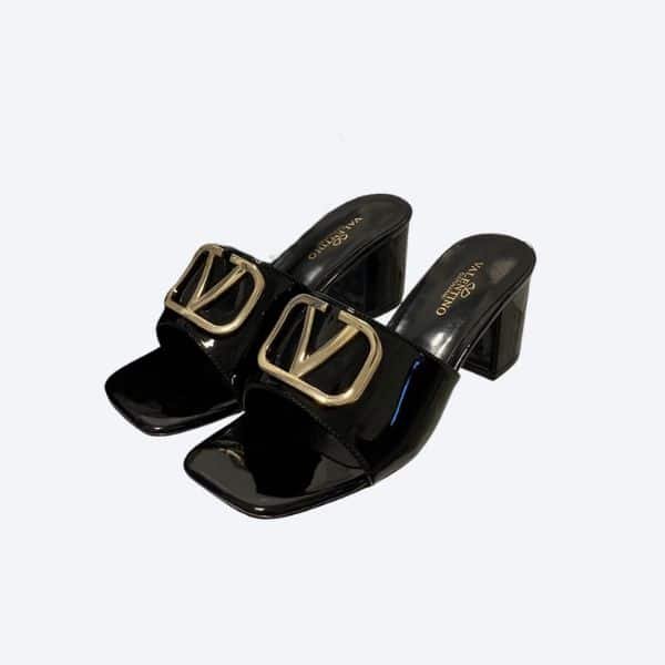 Va1e*ntin0 Vlogo Signature Square Toe Middle Heel Black Slide Sandal