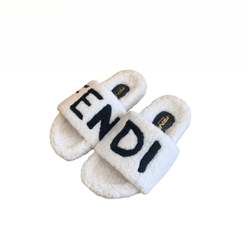 F**di Fleece Black Text Slippers White
