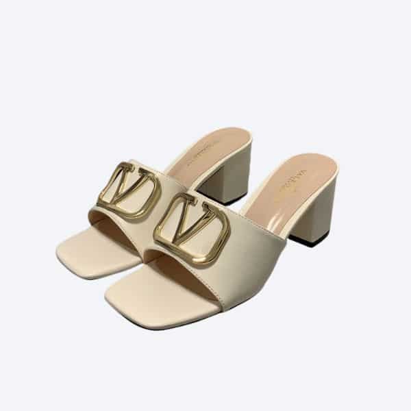 Va1e*ntin0 Vlogo Signature Square Toe Middle Heel White Slide Sandal