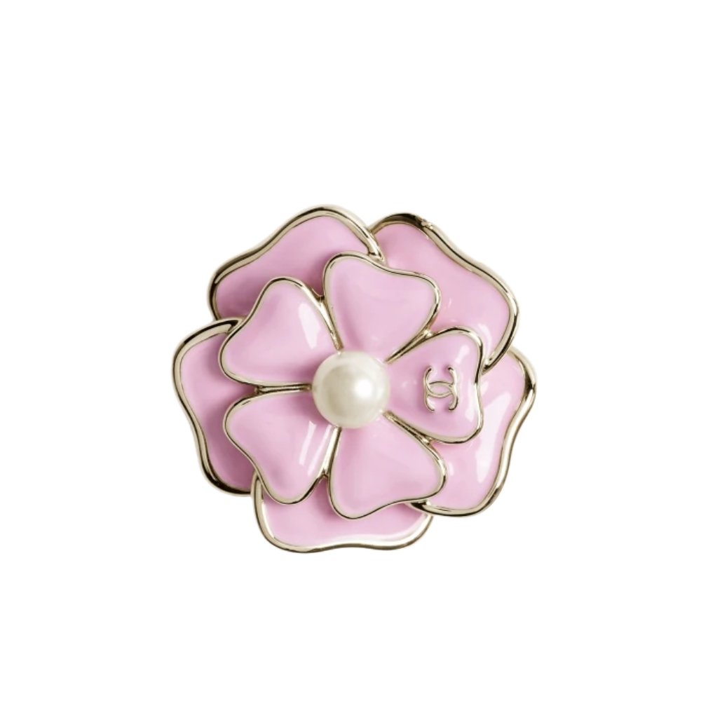 Ch**el Brooch Metal And Resin Gold With Pink Pearly White