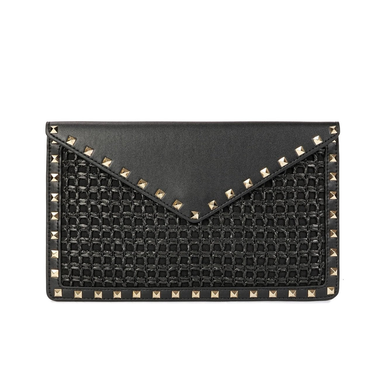Va1e*ntin0 Garavani Rockstud Raffia Clutch Bag In Black 28Cm