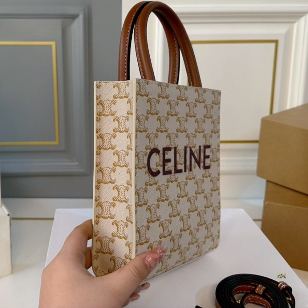 Ce1i*e Mini Vertical Cabas In Triomphe Canvas And Beige 17Cm