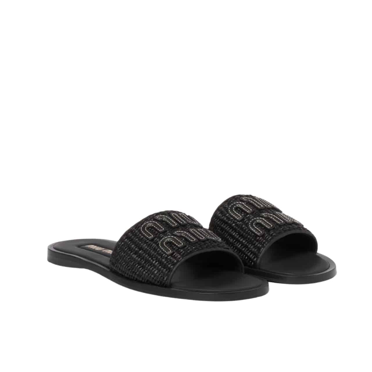 M1um1u Raffia Effect Woven Fabric Slides Black 5Xx644 3Lom F0002 F 005